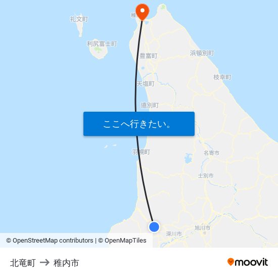 北竜町 to 稚内市 map