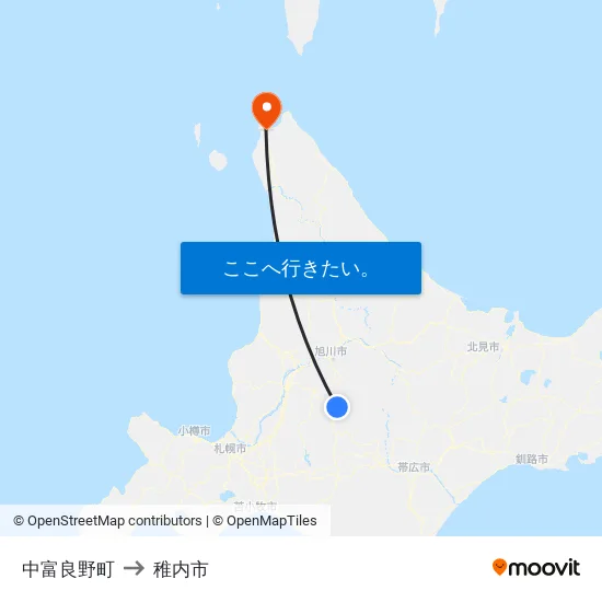 中富良野町 to 稚内市 map