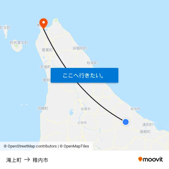 滝上町 to 稚内市 map