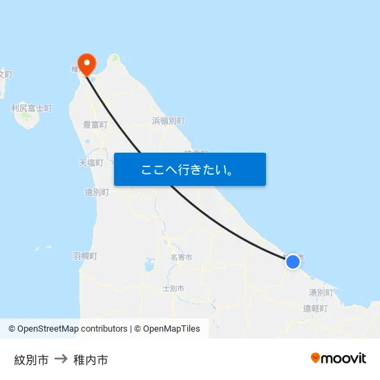 紋別市 to 稚内市 map