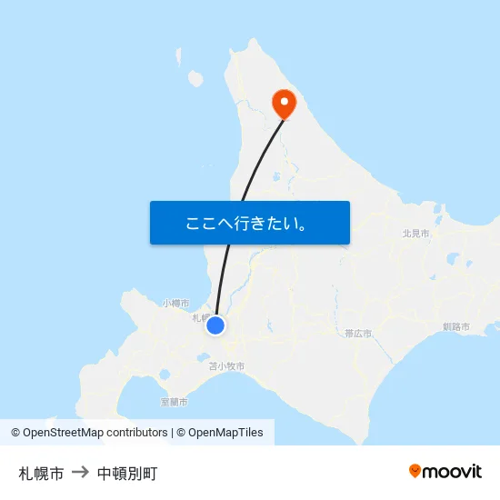 札幌市 to 中頓別町 map