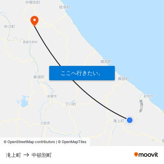 滝上町 to 中頓別町 map