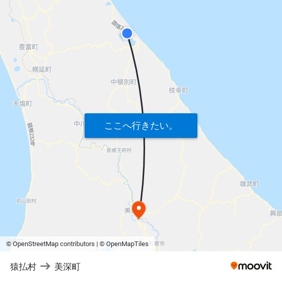 猿払村 to 美深町 map