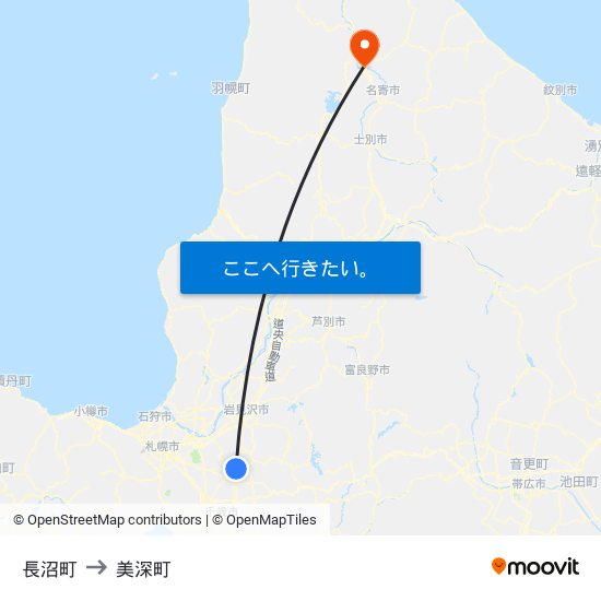 長沼町 to 美深町 map