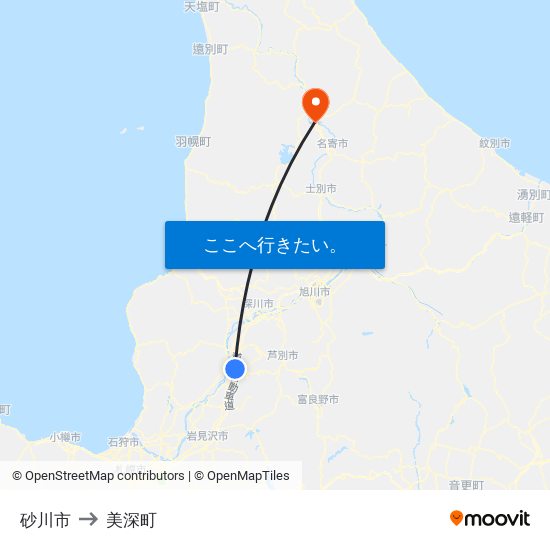 砂川市 to 美深町 map