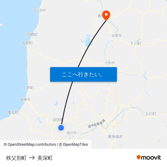 秩父別町 to 美深町 map