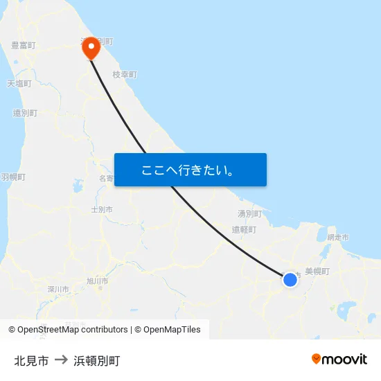 北見市 to 浜頓別町 map