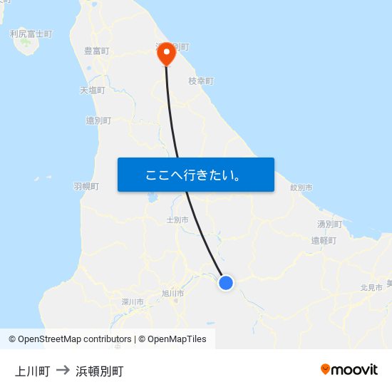 上川町 to 浜頓別町 map