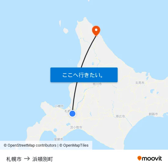 札幌市 to 浜頓別町 map