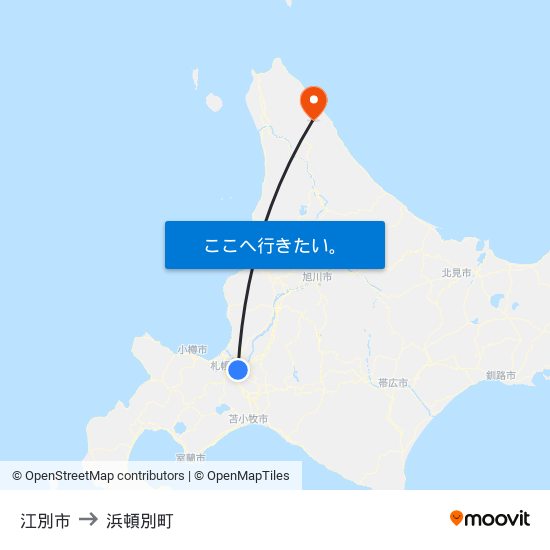 江別市 to 浜頓別町 map