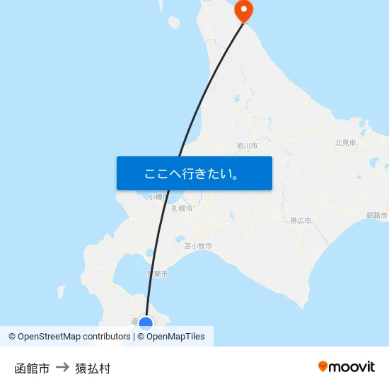 函館市 to 猿払村 map