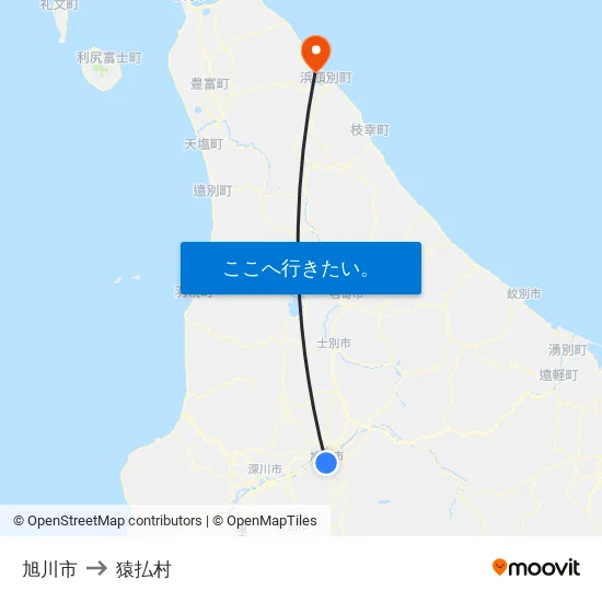 旭川市 to 猿払村 map
