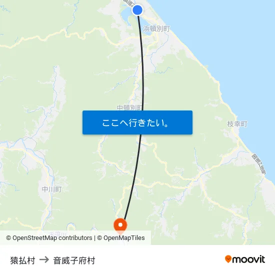 猿払村 to 音威子府村 map