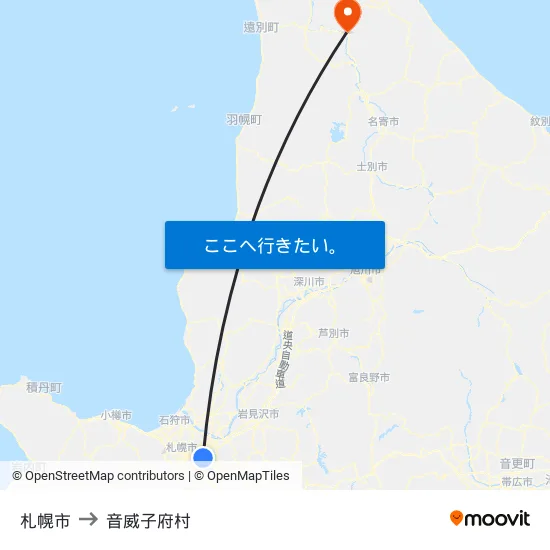 札幌市 to 音威子府村 map