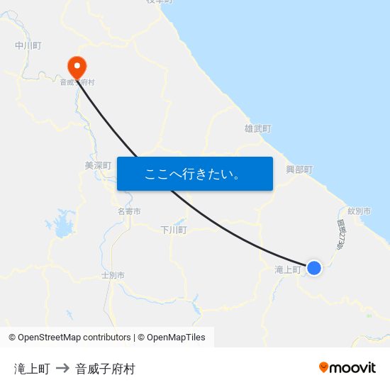 滝上町 to 音威子府村 map