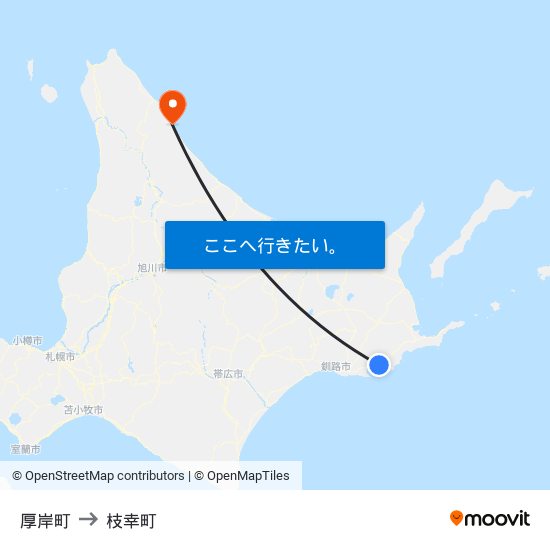 厚岸町 to 枝幸町 map