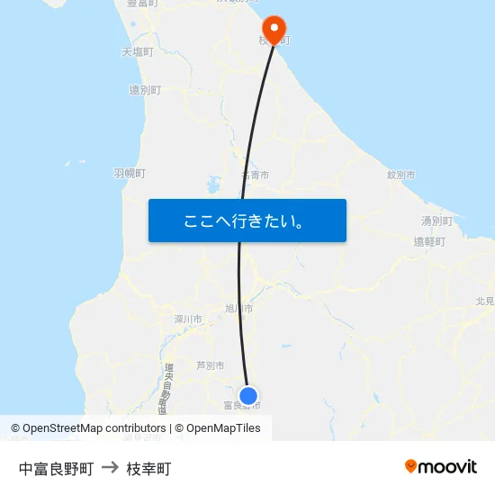 中富良野町 to 枝幸町 map