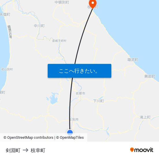 剣淵町 to 枝幸町 map