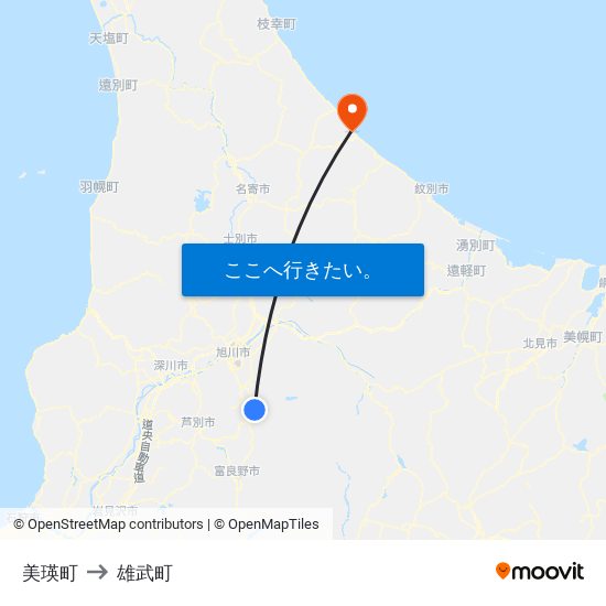 美瑛町 to 雄武町 map