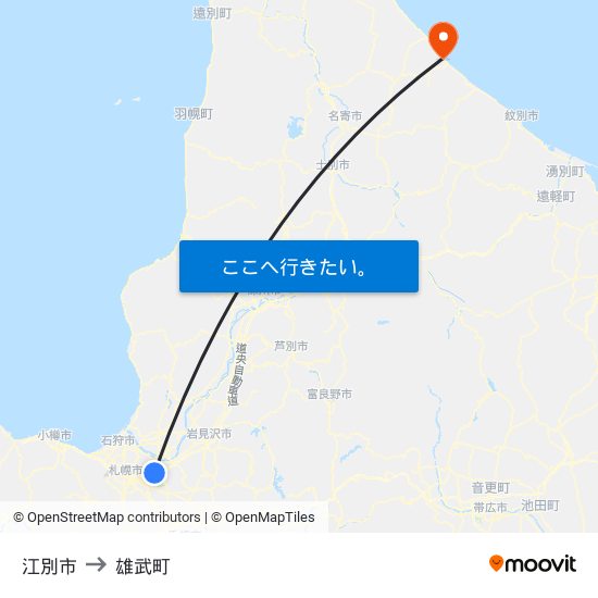 江別市 to 雄武町 map