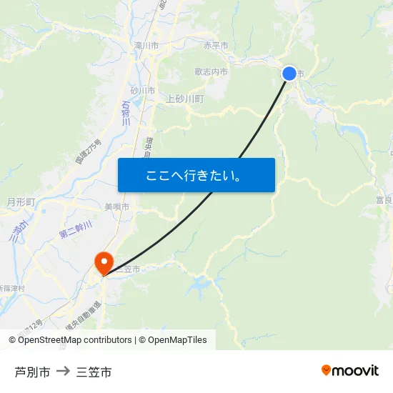 芦別市 to 三笠市 map