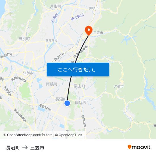 長沼町 to 三笠市 map