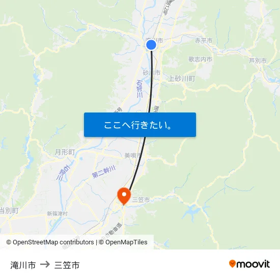 滝川市 to 三笠市 map