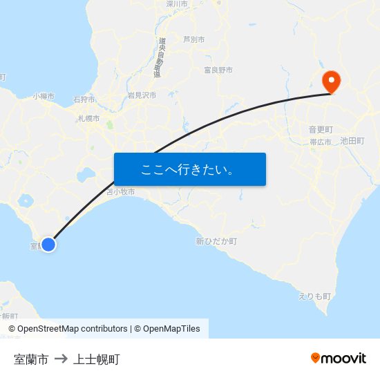 室蘭市 to 上士幌町 map