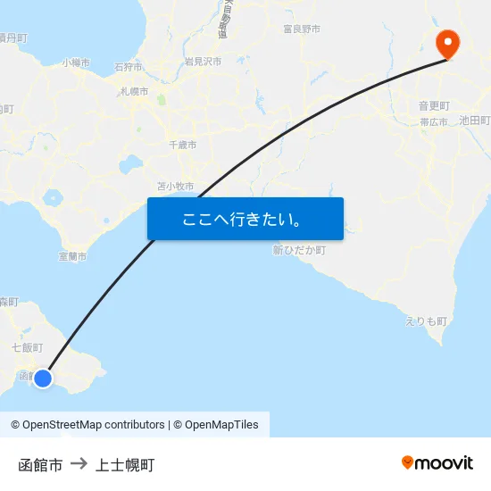函館市 to 上士幌町 map
