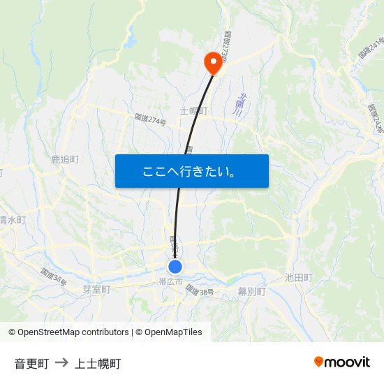 音更町 to 上士幌町 map