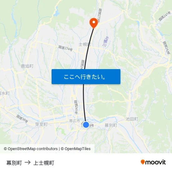 幕別町 to 上士幌町 map