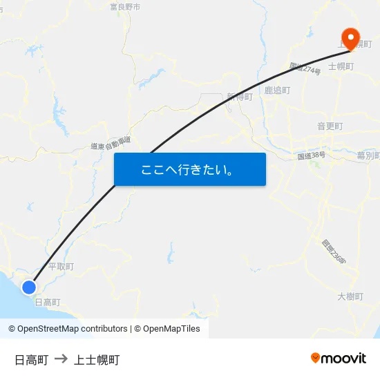 日高町 to 上士幌町 map