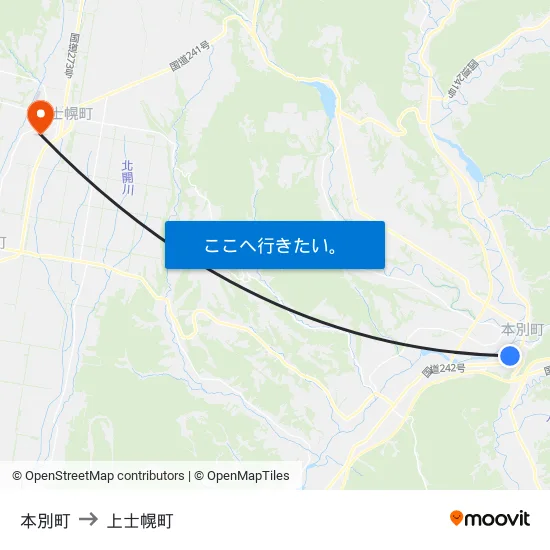 本別町 to 上士幌町 map