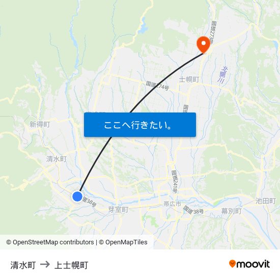 清水町 to 上士幌町 map