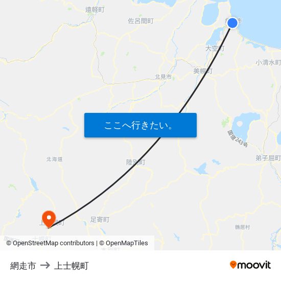 網走市 to 上士幌町 map