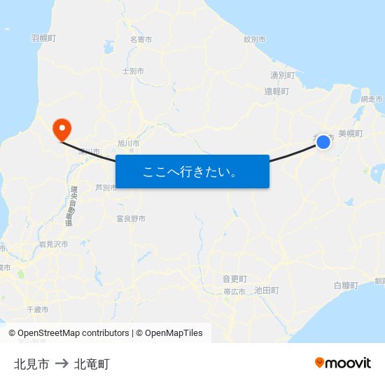 北見市 to 北竜町 map