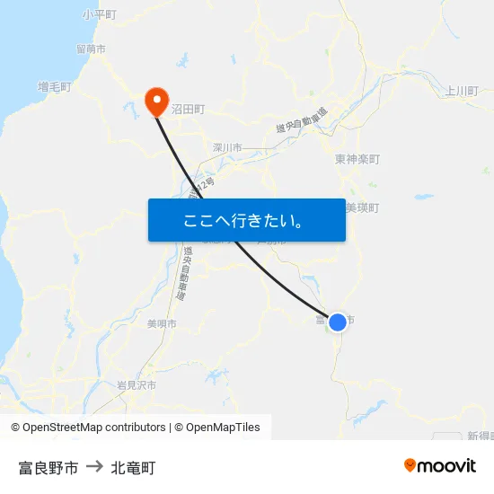 富良野市 to 北竜町 map
