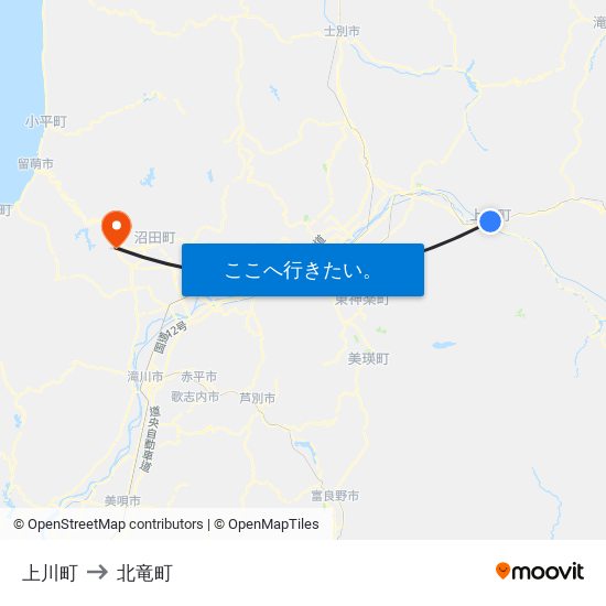 上川町 to 北竜町 map