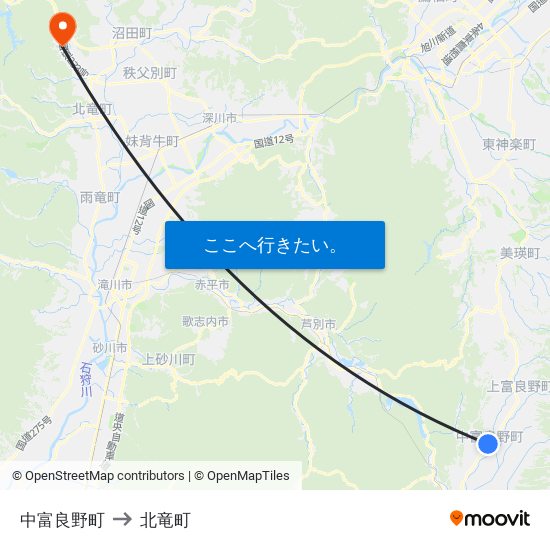 中富良野町 to 北竜町 map