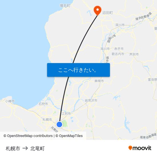 札幌市 to 北竜町 map