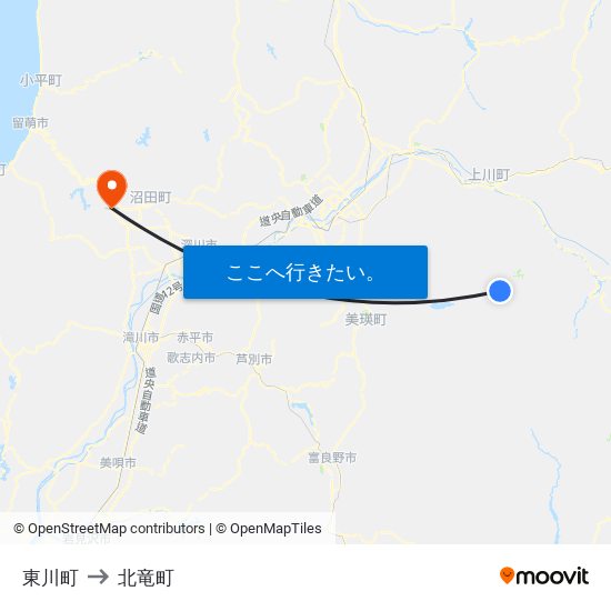 東川町 to 北竜町 map