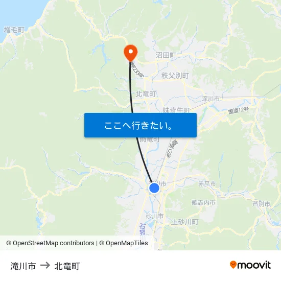 滝川市 to 北竜町 map