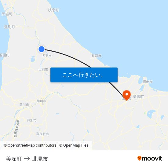 美深町 to 北見市 map