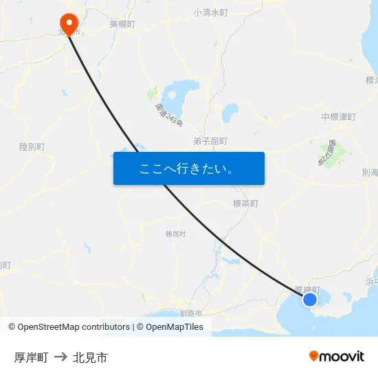 厚岸町 to 北見市 map