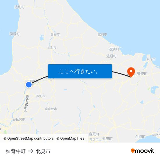 妹背牛町 to 北見市 map