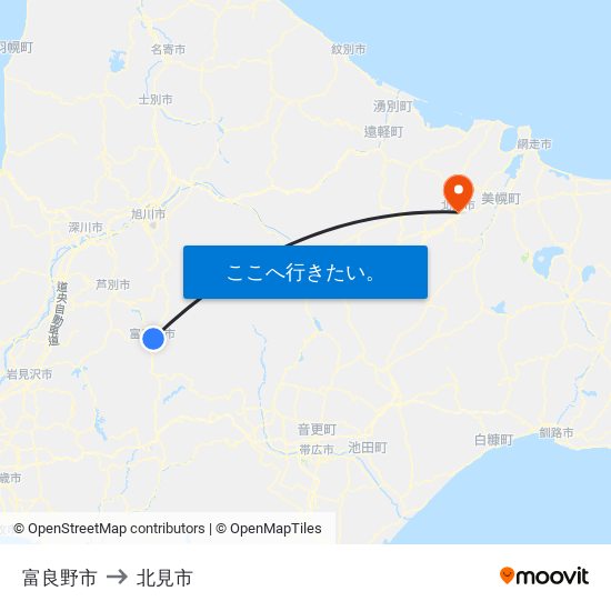 富良野市 to 北見市 map