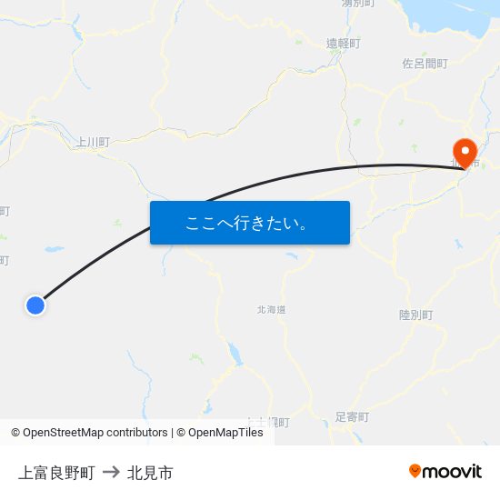 上富良野町 to 北見市 map