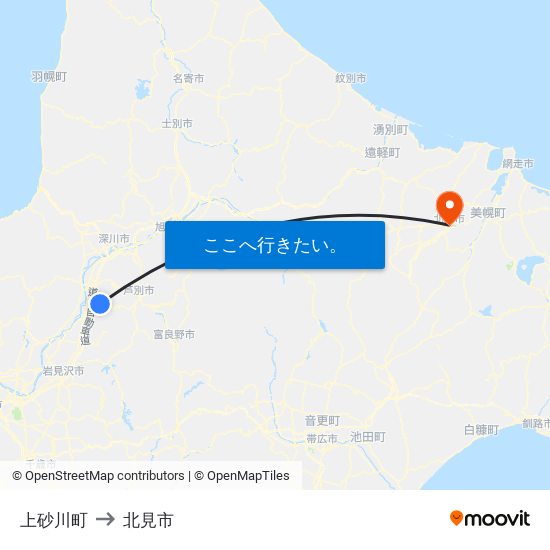 上砂川町 to 北見市 map