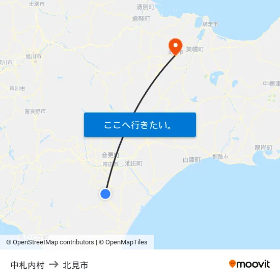 中札内村 to 北見市 map