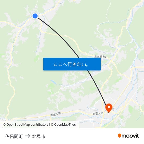 佐呂間町 to 北見市 map